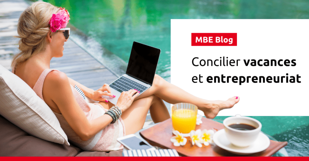 Montage avec le logo de Mail Boxes Etc. une photo qui illustre une personne qui travaille au bord d'une piscine.